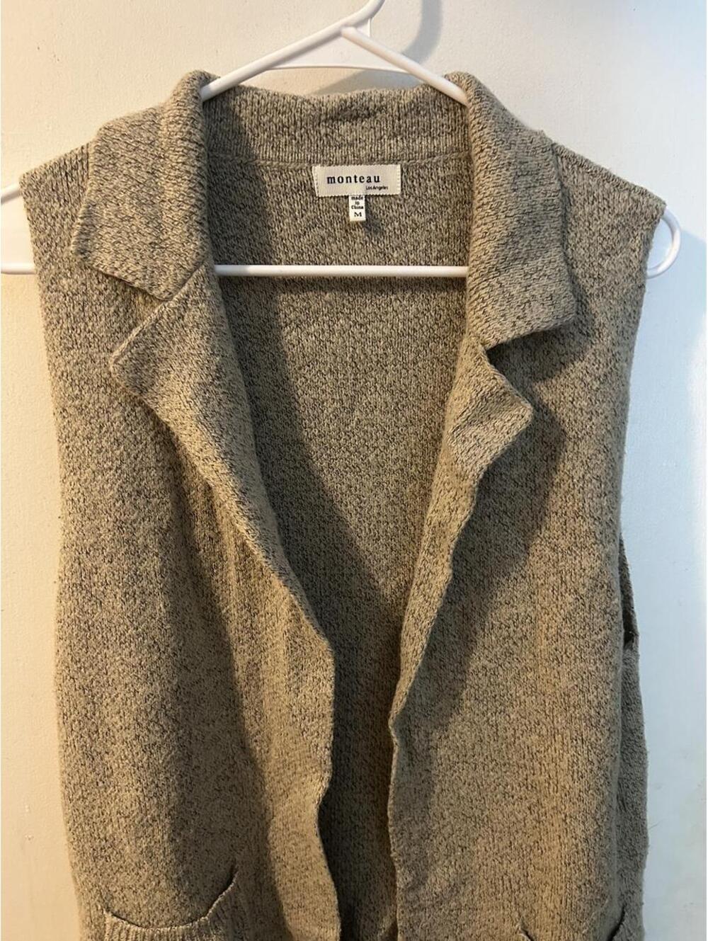 Monteau gray & brown sweater vest open front cardigan M